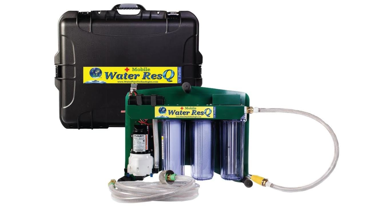 This portable filter from Water Pure Technologies can provide 658 litres of clean drinking water every hour. Image: Water Purification Systems