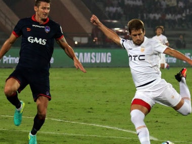Action in the Delhi Dynamos vs NorthEast United FC match. ISL