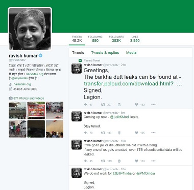 Journalists Barkha Dutt, Ravish Kumar's Twitter accounts hacked by Legion Journalists Barkha Dutt, Ravish Kumar's Twitter accounts hacked by Legion