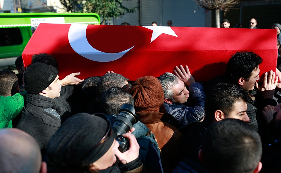 Mourners carry the Turkish flag-draped coffin of Fatih Cakmak, one of the victims of the attack. Of the 39 dead, 27 were foreigners, mainly from Arab countries, with coffins repatriated overnight to countries including Lebanon and Saudi Arabia. The Islamic State group has claimed the massacre, the first time it has clearly stated being behind a major attack in Turkey. AP Mourners carry the Turkish flag-draped coffin of Fatih Cakmak, one of the victims of the attack. Of the 39 dead, 27 were foreigners, mainly from Arab countries, with coffins repatriated overnight to countries including Lebanon and Saudi Arabia. The Islamic State group has claimed the massacre, the first time it has clearly stated being behind a major attack in Turkey. AP