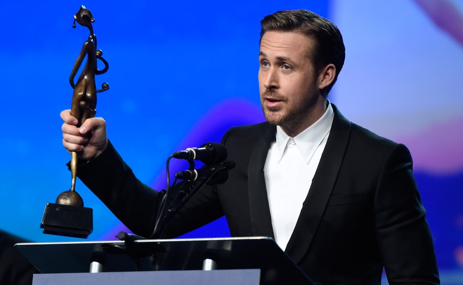 Ryan Gosling accepts the Vanguard award for 'La La Land' at the 28th annual Palm Springs International Film Festival Awards Gala. AP Photo Ryan Gosling accepts the Vanguard award for 'La La Land' at the 28th annual Palm Springs International Film Festival Awards Gala. AP Photo