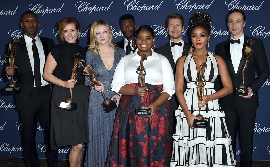 The cast of 'Hidden Figures' pose backstage with the ensemble performance award at the 28th annual Palm Springs International Film Festival Awards Gala on Monday, 2 January 2017. (L-R) Mahershala Ali, Kimberly Quinn, Kirsten Dunst, Aldis Hodge, Octavia Spencer, Glen Powell, Janelle Monae and Jim Parsons. AP Photo The cast of 'Hidden Figures' pose backstage with the ensemble performance award at the 28th annual Palm Springs International Film Festival Awards Gala on Monday, 2 January 2017. (L-R) Mahershala Ali, Kimberly Quinn, Kirsten Dunst, Aldis Hodge, Octavia Spencer, Glen Powell, Janelle Monae and Jim Parsons. AP Photo