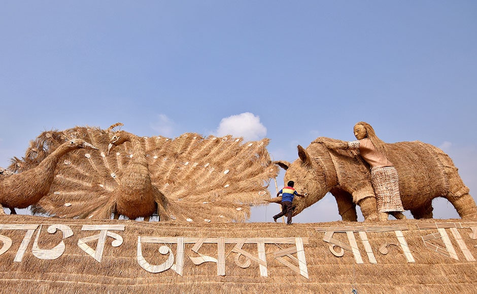 Workers prepare a makeshift cottage called “Bhelaghar” with “Save the Rhino” as a theme ahead of the Magh Bihu festival in Morigaon district, in on 11 January, 2017. Reuters Workers prepare a makeshift cottage called “Bhelaghar” with “Save the Rhino” as a theme ahead of the Magh Bihu festival in Morigaon district, in on 11 January, 2017. Reuters
