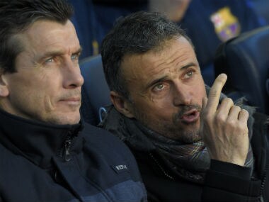 Barcelona's coach Luis Enrique talks with Barcelona's second coach Juan Carlos Unzue in Camp Nou. AFP