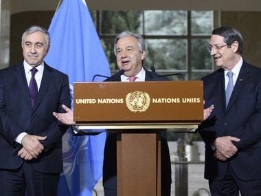 UN Secretary-General Antonio Guterres, center, speaks next to Cyprus President Nicos Anastasiades (right) and Turkish Cypriot leader Mustafa Akinci (left) during a press conference after the Conference on Cyprus, on the sideline of the Cyprus Peace Talks, at the European headquarters of the United Nations in Geneva, Switzerland. AP