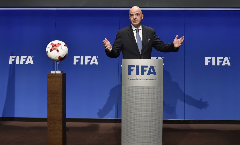 Gianni Infantino at a press briefing after Fifa's ruling council unanimously approved an expansion of the World Cup from 32 to 48 teams in 2026. AFP