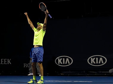 Ivo Karlovic celebrates after defeating Horacio Zeballos during their first round match at the Australian Open. AP