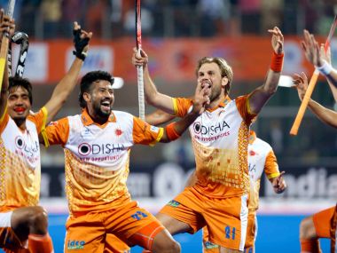 Kalinga Lancers celebrate their opening win. Twitter@/HockeyIndiaLeag