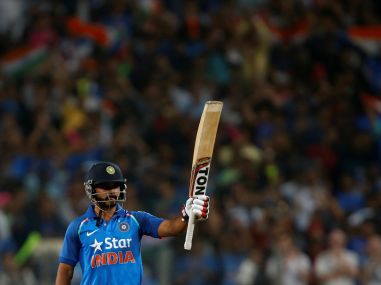 Kedar Jadhav celebrates his century against England in Pune. Reuters
