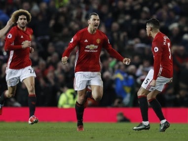 Manchester United's Zlatan Ibrahimovic celebrates scoring their first goal. Reuters