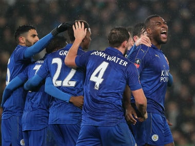 Wes Morgan celebrates after scoring a goal to make it 2-2 during the Emirates FA Cup Fourth Round tie. Getty Images
