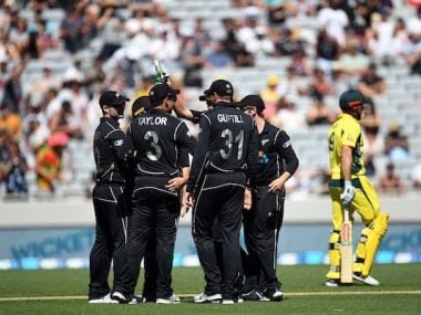 New Zealand celebrate an Australian wicket in the ODI in Auckland. Twitter\ @BLACKCAPS