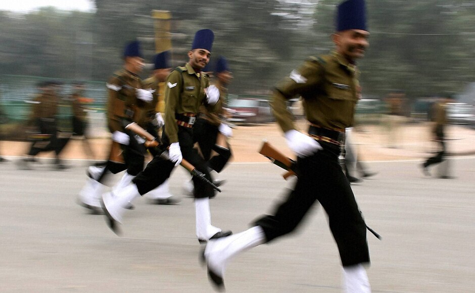 Army Soldier during a rehearsal ahead of the Republic Day parade, in New Delhi on Tuesday. PTI Army Soldier during a rehearsal ahead of the Republic Day parade, in New Delhi on Tuesday. PTI