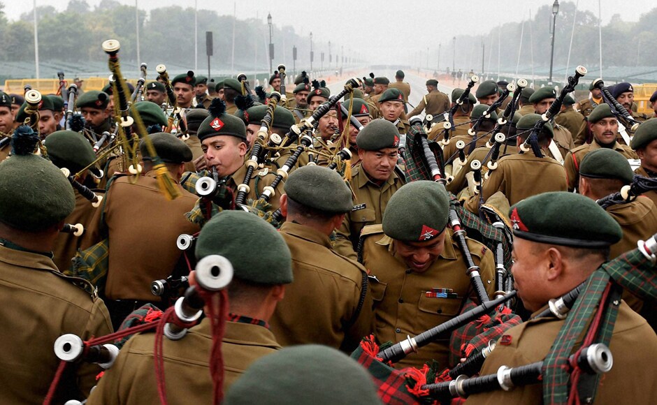 Army band practices bagpipes during a rehearsal ahead of the Republic Day parade, in New Delhi on Tuesday. PTI Army band practices bagpipes during a rehearsal ahead of the Republic Day parade, in New Delhi on Tuesday. PTI