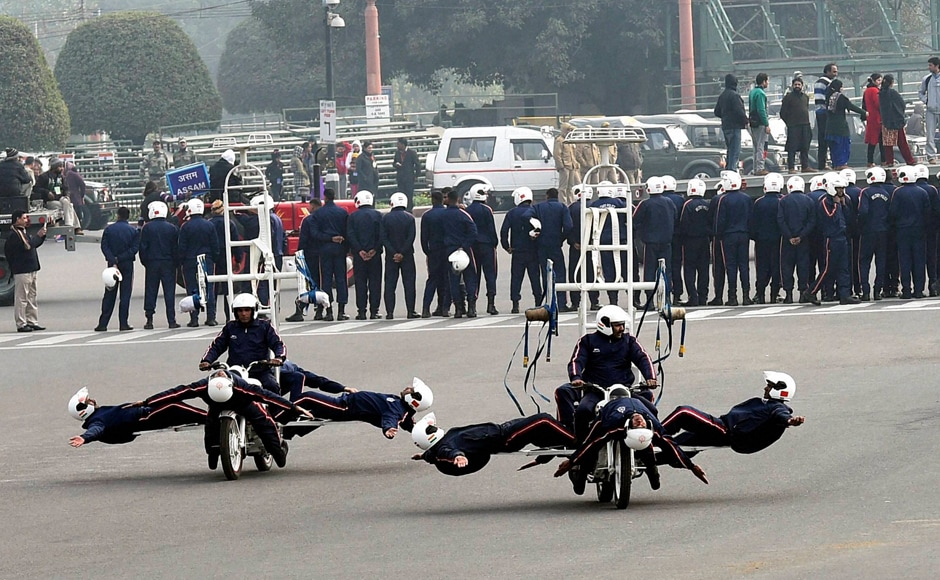 Army daredevils display their skills on motorcycles during a rehearsal for the Republic Day parade at Vijay Chowk in New Delhi on Tuesday. PTI Army daredevils display their skills on motorcycles during a rehearsal for the Republic Day parade at Vijay Chowk in New Delhi on Tuesday. PTI