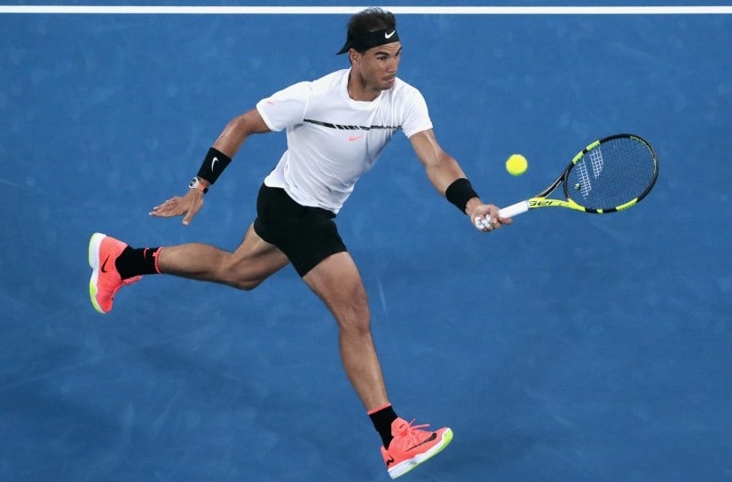 Rafael Nadal hits a shot during his Men's singles semi-final match against Grigor Dimitrov. Reuters