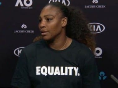 Serena Williams wore a T-shirt emblazoned with the word "Equality" at her press conference. Image courtesy: Twitter
