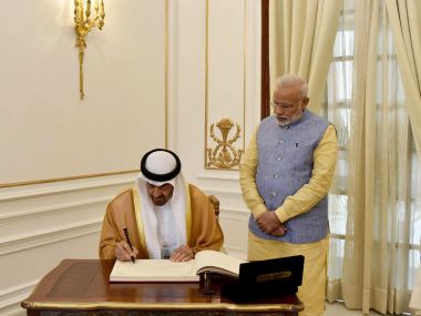 The Crown Prince of Abu Dhabi, Deputy Supreme Commander of UAE General Sheikh Mohammed bin Zayed Al Nahyan with Prime Minister Narendra Modi. PIB
