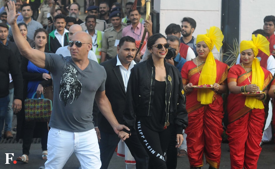 Vin Diesel and Deepika Padukone welcomed in traditional Indian style. Sachin Gokhale/Firstpost Vin Diesel and Deepika Padukone welcomed in traditional Indian style. Sachin Gokhale/Firstpost