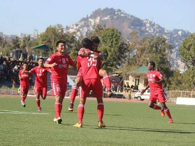 Aizawl FC players celebrate a goal against Shillong Lajong FC. Image courtesy: Twitter/@AizawlFC