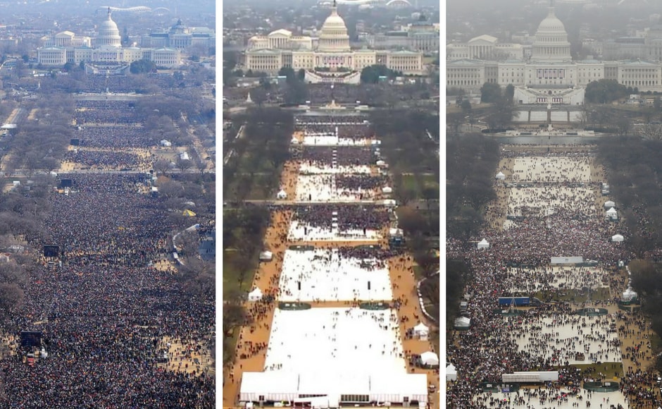 The crowd during Obama's inauguration, Trump's inauguration and the Women's march respectively paints an interesting picture of the current political climate. Image courtesy: Facebook/ianbremmer and Reuters The crowd during Obama's inauguration, Trump's inauguration and the Women's march respectively paints an interesting picture of the current political climate. Image courtesy: Facebook/ianbremmer and Reuters