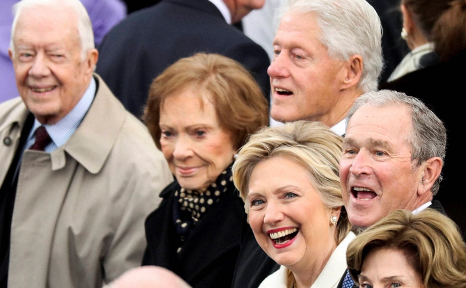 Former President Jimmy Carter (L-R), Rosalynn Carter, Former President Bill Clinton, Hillary Clinton and Former President George W. Bush were also at the 58th Presidential Inauguration. Hillary, who is a former first lady, had earlier fought hard in one of the most vicious campaigns for the run-up to US presidential elections, but the billionaire businessman defeated her in an upset win. AP Former President Jimmy Carter (L-R), Rosalynn Carter, Former President Bill Clinton, Hillary Clinton and Former President George W. Bush were also at the 58th Presidential Inauguration. Hillary, who is a former first lady, had earlier fought hard in one of the most vicious campaigns for the run-up to US presidential elections, but the billionaire businessman defeated her in an upset win. AP