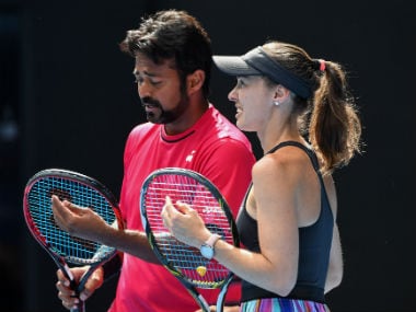 Paes and Hingis during their mixed doubles second round match of the Australian Open. AFP