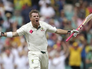 Australia's David Warner reacts after scoring a century against Pakistan in the 3rd Test in Sydney. AP