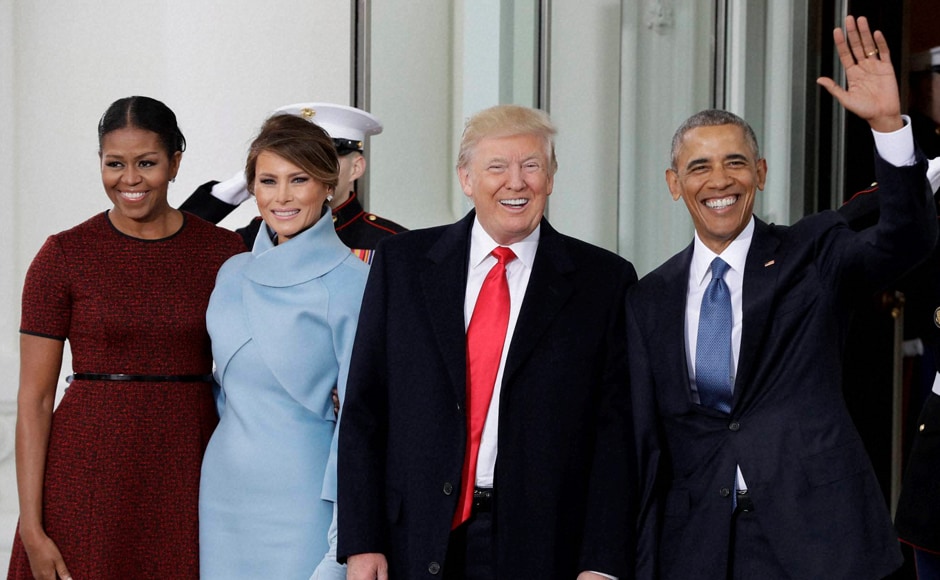 Donald Trump was sworn-in as the 45th US President, taking over the reins from Barack Obama amid expectations of radical change in policies and apprehension at home and abroad. Obama and First Lady Michelle greeted Trump and his wife Melania on the steps of the White House. Melania also presented to Michelle a Tiffany gift, one of the most expensive fine jewellery brands in the world. AP Donald Trump was sworn-in as the 45th US President, taking over the reins from Barack Obama amid expectations of radical change in policies and apprehension at home and abroad. Obama and First Lady Michelle greeted Trump and his wife Melania on the steps of the White House. Melania also presented to Michelle a Tiffany gift, one of the most expensive fine jewellery brands in the world. AP