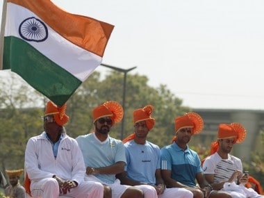 India non-playing captain Anand Amritraj (L) and players Leander Paes (2L), Ramkumar Ramanathan (C), Vishnu Vardhan and Yuki Bhambri (R) take part in the opening ceremony of the Davis Cup. AFP