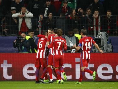 Atletico Madrid's Kevin Gameiro celebrates scoring their third goal from the penalty spot. Reuters