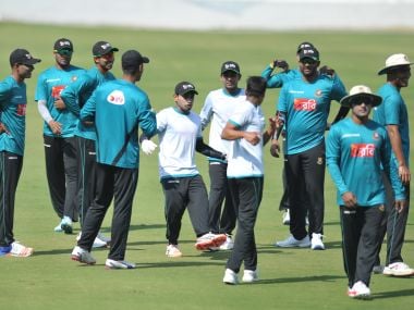 Bangladesh team players takes part in a practice session on the eve of the Test match against India. AFP