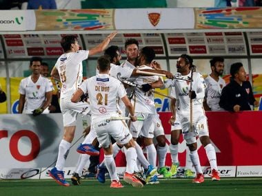 Dabang Mumbai celebrate their goal in the Hockey India League. Twitter/ @HockeyIndiaLeag