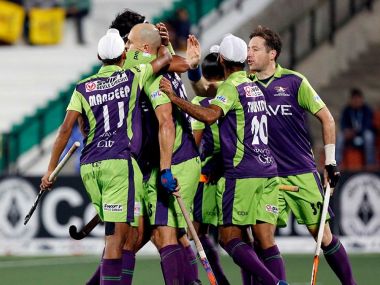 Delhi Waveriders celebrate during their win over Punjab Warriors. Twitter/ @HockeyIndiaLeag