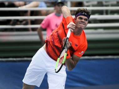 Milos Raonic in action during the Delray Beach Open. AP