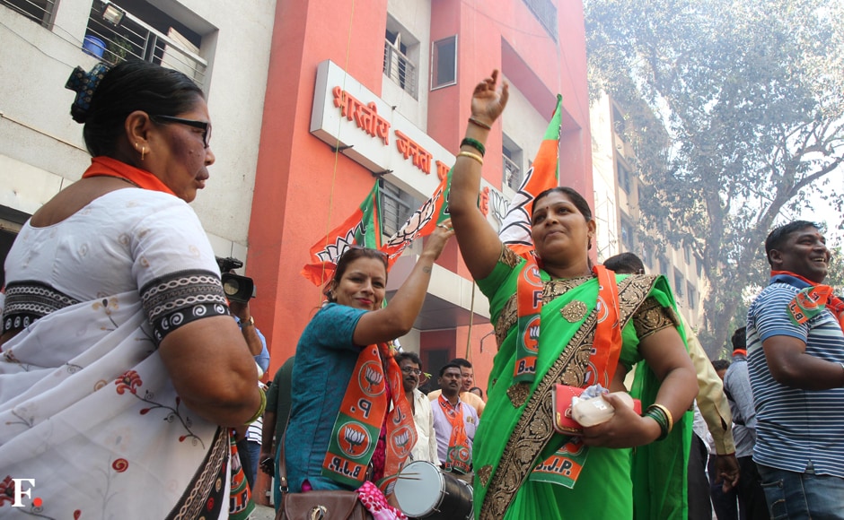 BJP workers celebrate their victory at Kathak Bhavan in Dadar on Friday. Sachin Gokhale/Firstpost BJP workers celebrate their victory at Kathak Bhavan in Dadar on Friday. Sachin Gokhale/Firstpost