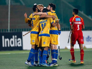 JP Warriors players celebrate win over Ranchi Rays. Twitter/ @HockeyIndiaLeag
