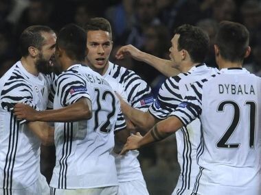 Juventus' Marko Pjaca, 3rd left, celebrates after scoring the opening goal. AP
