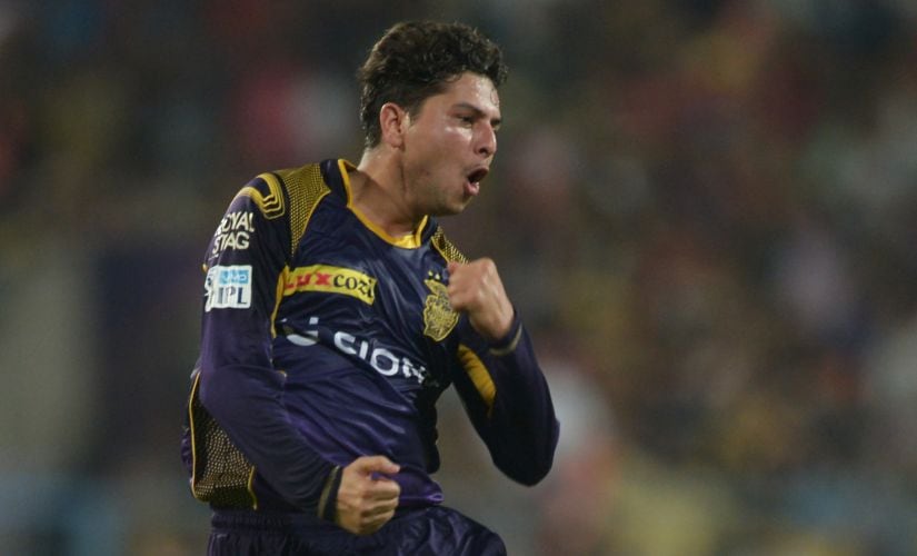 Kolkata Knight Riders Kuldeep Yadav celebrates after taking a wicket in the IPL. AFP