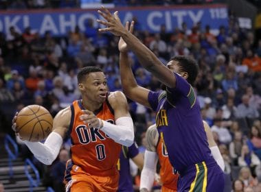 Oklahoma City Thunder guard Russell Westbrook passes the ball against New Orleans Pelicans. AP