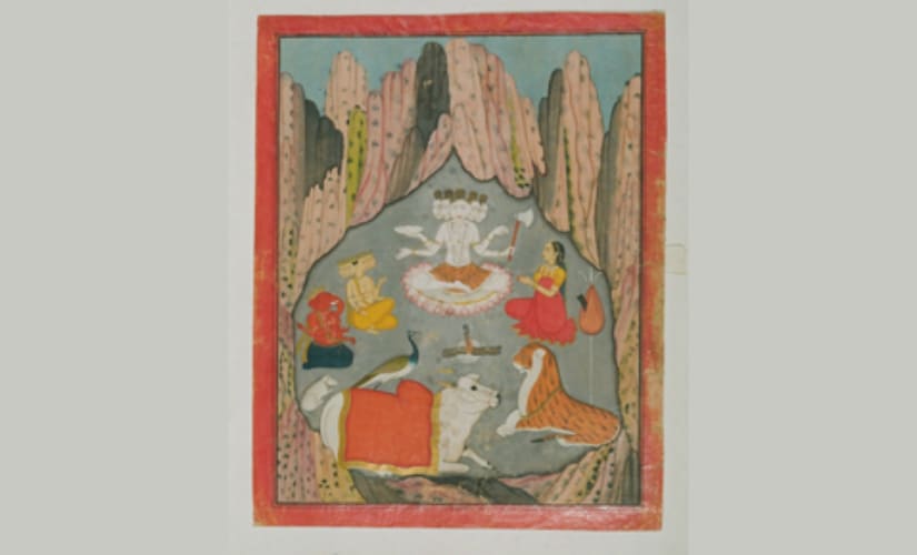 Shiva (as Sadashiva in Padmasana) with his family in Pahari Style. Image Courtesy: National Museum