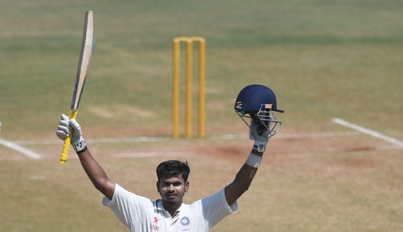 India A's Shreyas Iyer celebrates after scoring a double century in the practice match against Australia. AFP