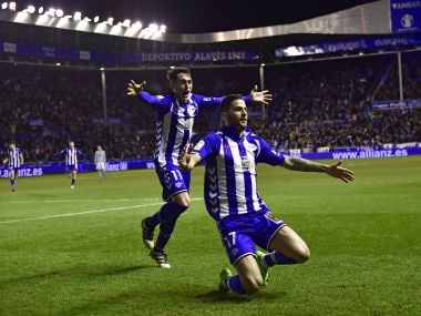 Alaves's Edgar Mendez celebrates his goal with Iabi Gomez after scoring against Celta. AP