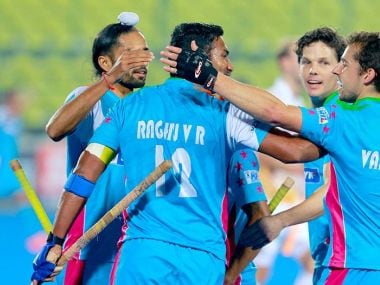 Uttar Pradesh Wizards celebrate a late goal against Kalinga Lancers. Twitter/ @HockeyIndiaLeag