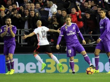 Valencia's Simone Zaza, center, celebrates after scoring against Real Madrid. AP