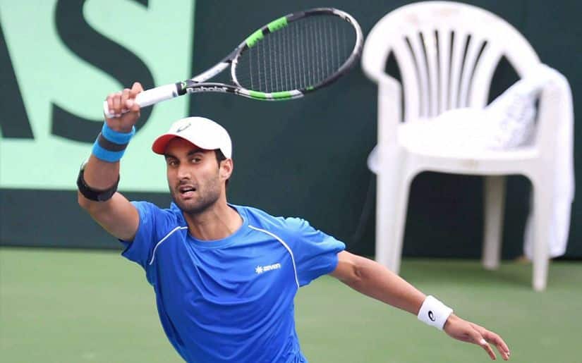Yuki Bhambri plays against New Zealand player Finn Tearney during the Davis Cup in Pune. PTI
