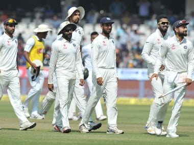 Indian captain Virat Kohli celebrates with teammates after winning the Hyderabad Test against Bangladesh. AFP