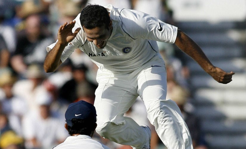 Irfan Pathan (top) celebrates the wicket of Australia's Phil Jaques during day three of the third Test against Australia in Perth in 2008. AFP