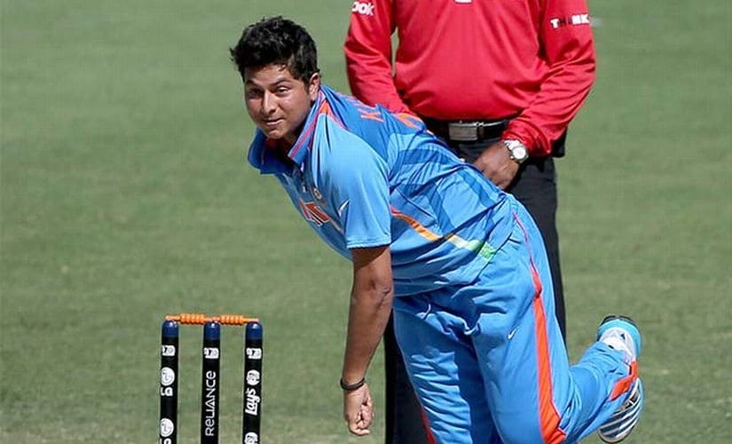 Kuldeep Yadav bowls for India in the U-19 ICC World Cup. Image courtesy: ICC website