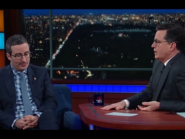 John Oliver to Stephen Colbert: I might get thrown out of America like a 'tea-bag' John Oliver to Stephen Colbert: I might get thrown out of America like a 'tea-bag'